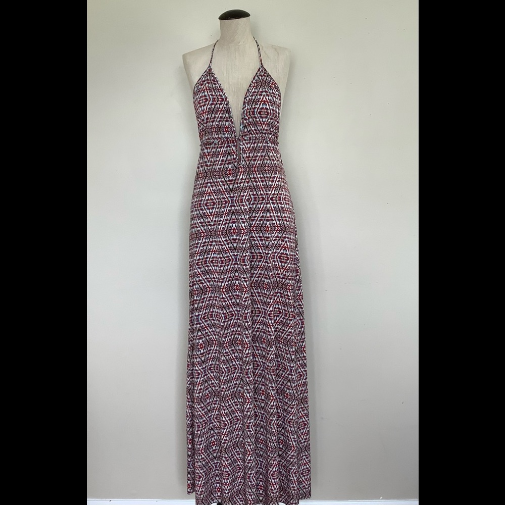 Elan spaghetti halter Open back printed BoHo maxi dress